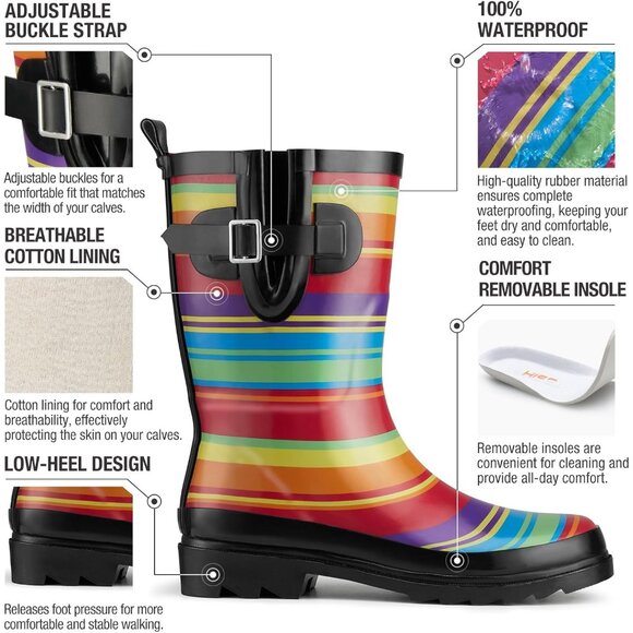 Women's Fashionable Waterproof Garden Mud Rubber Rain Rainbow Stripe Boots - Picture 6 of 9